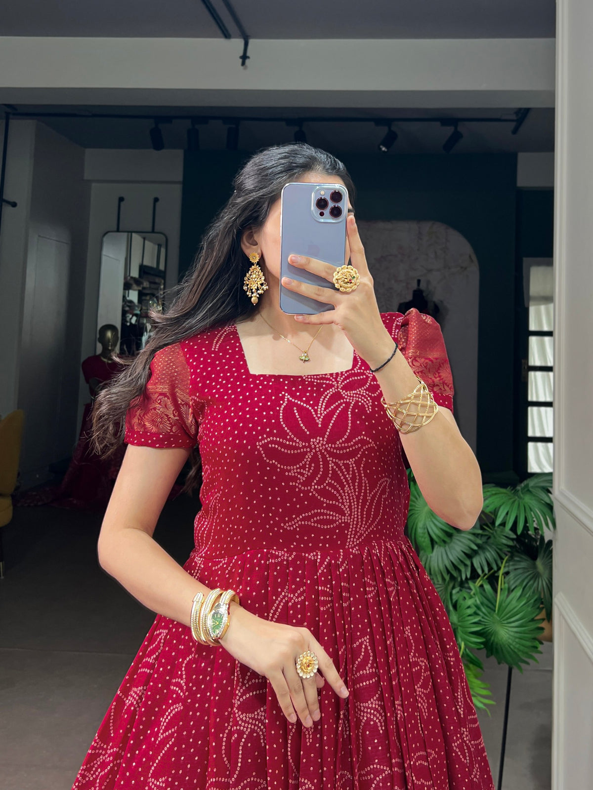 Red Pure Crafted in Elegant Kota Checks Anarkali Long Gown