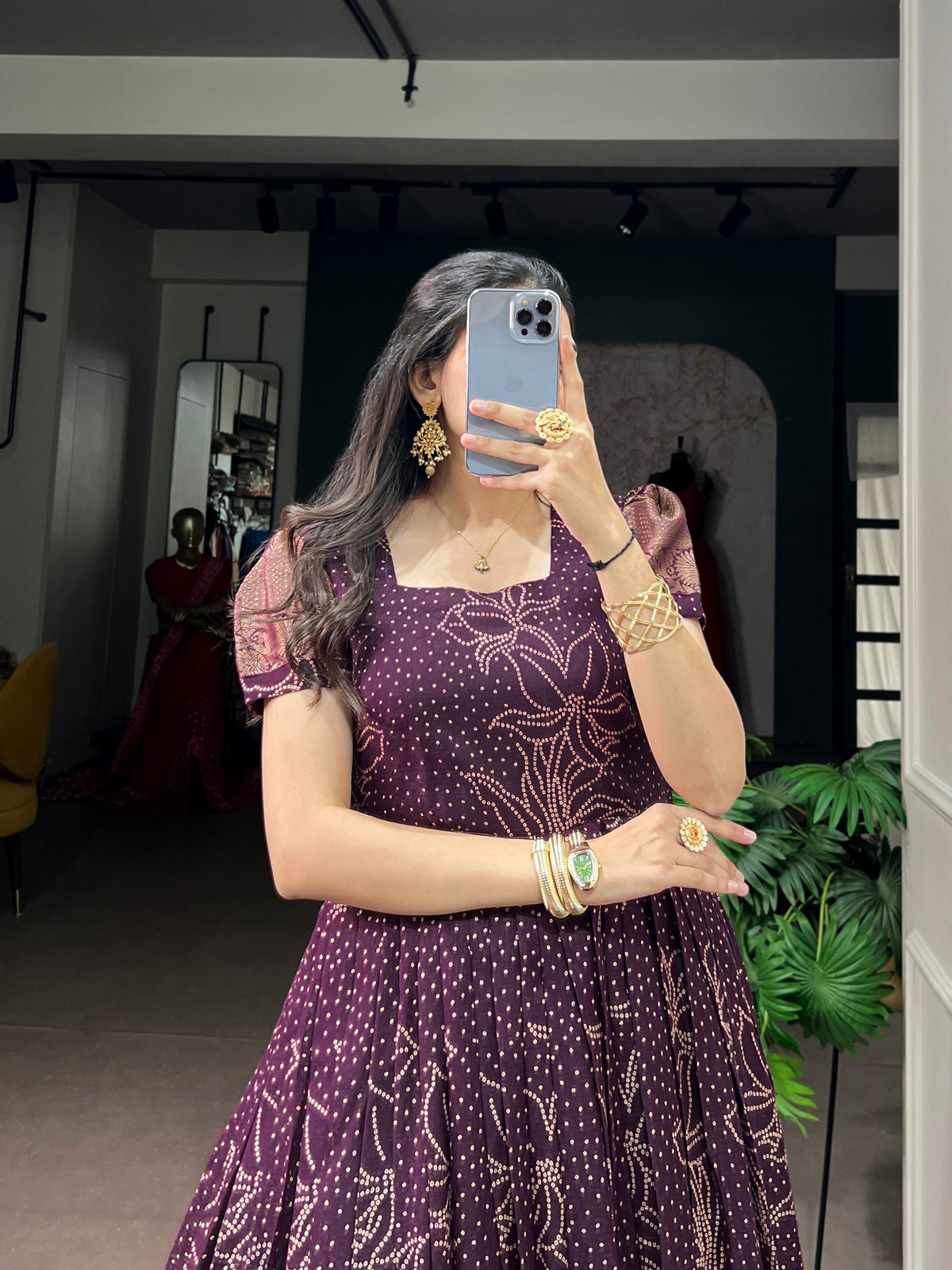 Purple Pure Crafted in Elegant Kota Checks Anarkali Long Gown