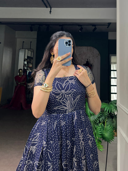 Blue Pure Crafted in Elegant Kota Checks Anarkali Long Gown