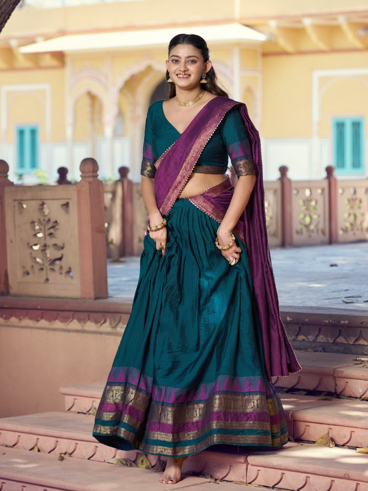 Teal Blue Pure Poly Dyeable with Zari Woven Border Work South Indian Lehenga Choli