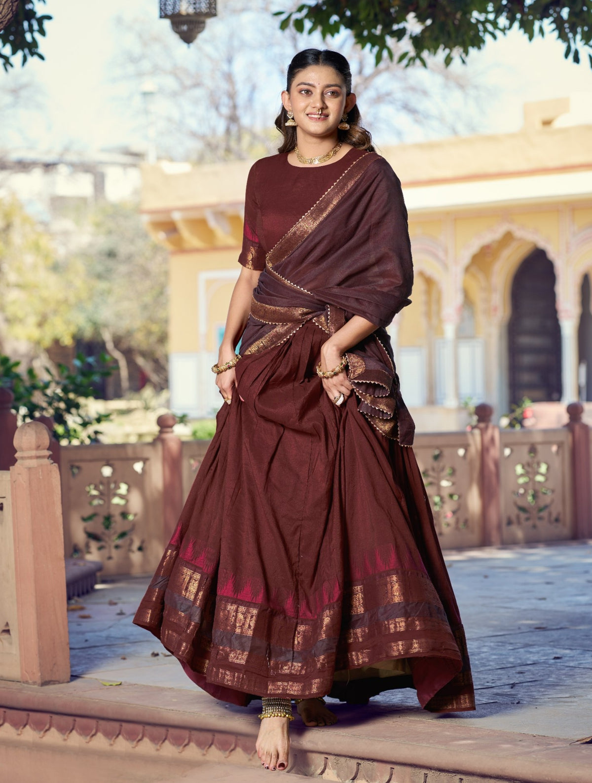 Maroon Pure Poly Dyeable with Zari Woven Border Work South Indian Lehenga Choli