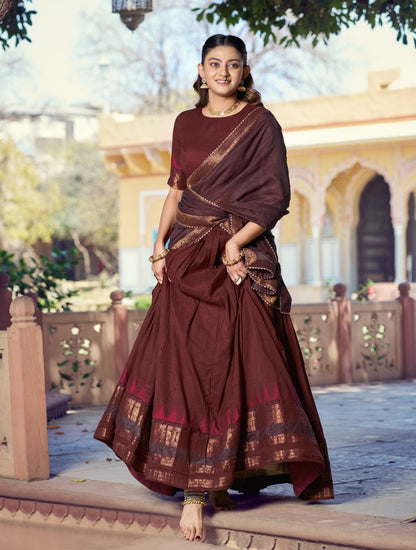 Maroon Pure Poly Dyeable with Zari Woven Border Work South Indian Lehenga Choli
