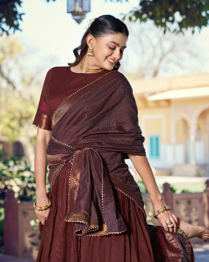 Maroon Pure Poly Dyeable with Zari Woven Border Work South Indian Lehenga Choli