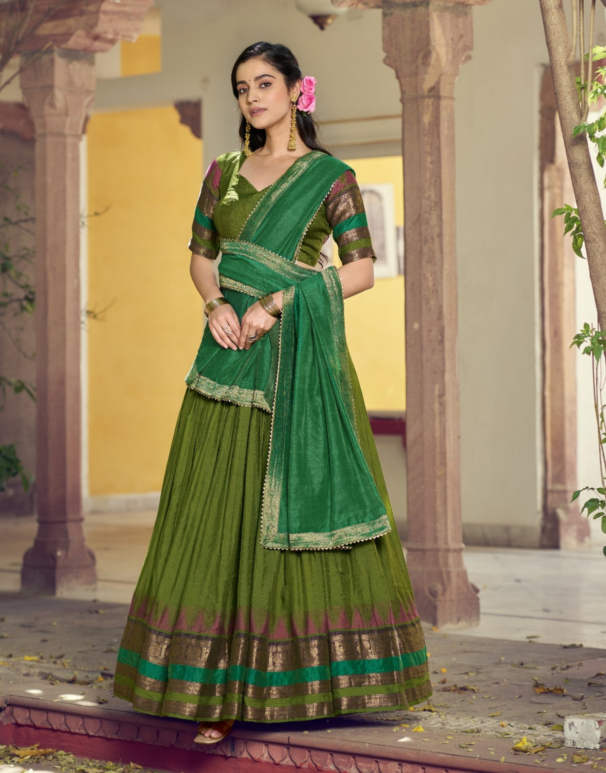 Parrot Pure Poly Dyeable with Zari Woven Border Work South Indian Lehenga Choli