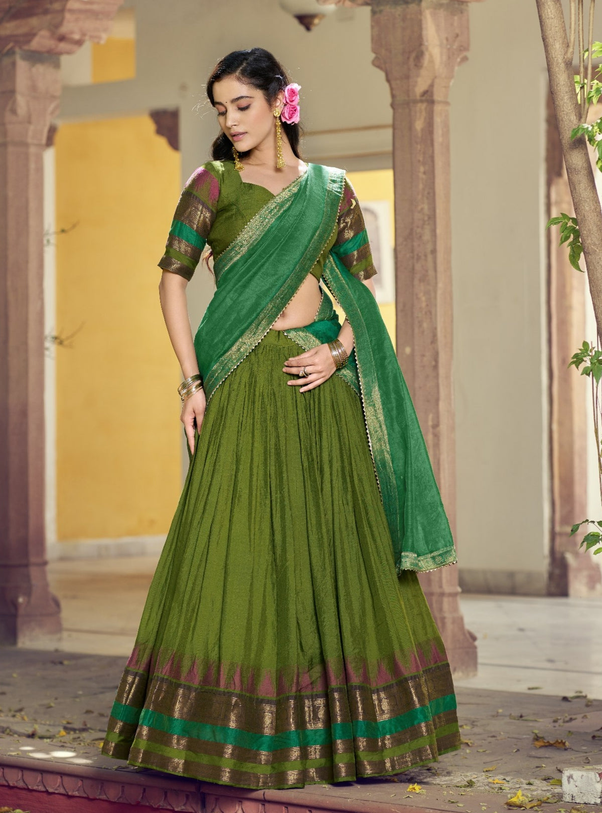 Parrot Pure Poly Dyeable with Zari Woven Border Work South Indian Lehenga Choli