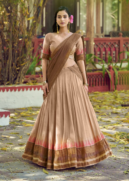 Chiku Pure Poly Dyeable with Zari Woven Border Work South Indian Lehenga Choli