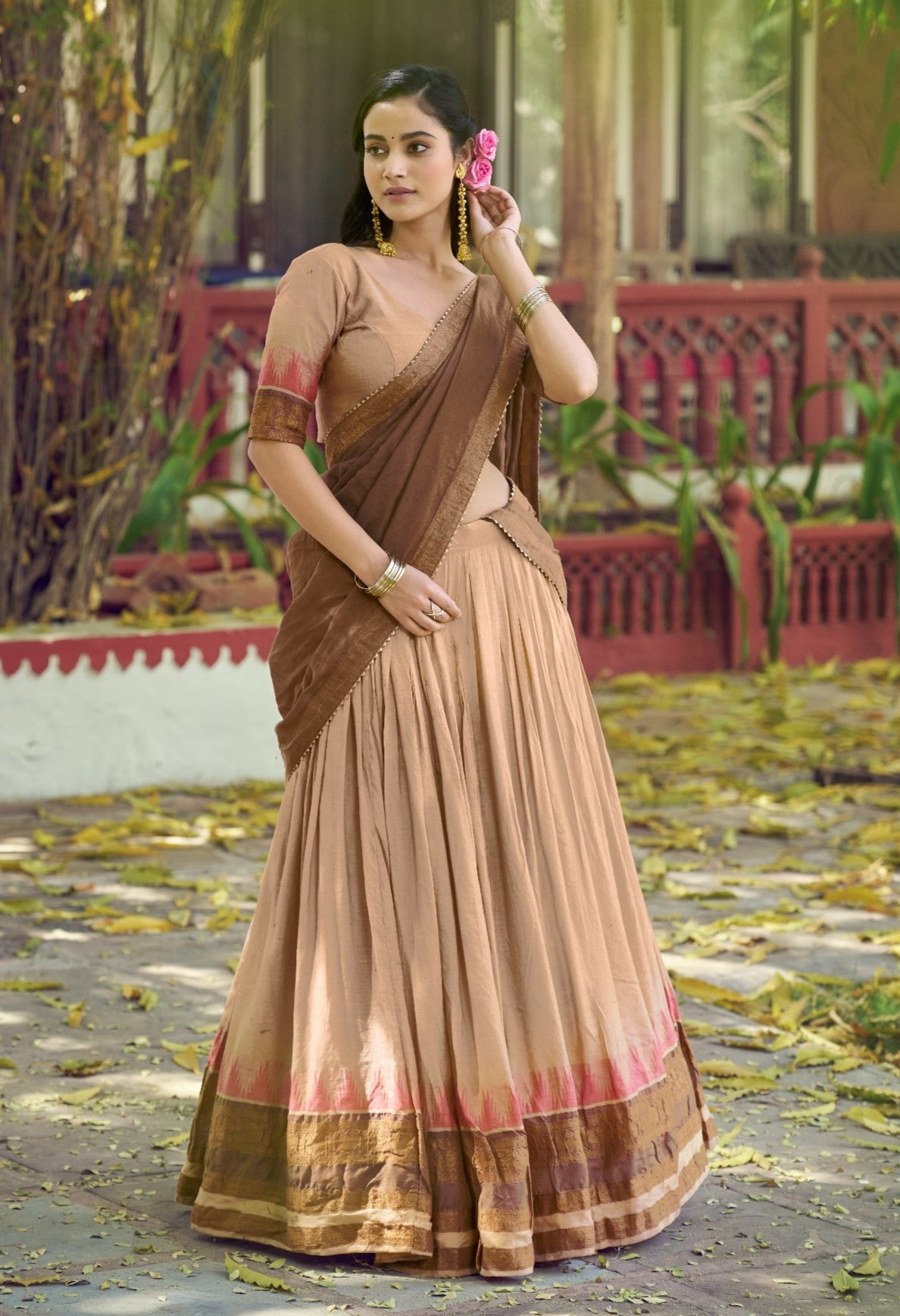 Chiku Pure Poly Dyeable with Zari Woven Border Work South Indian Lehenga Choli