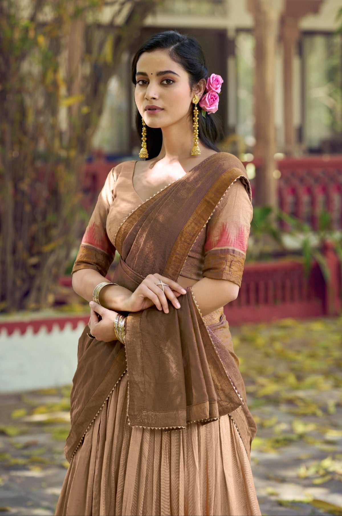 Chiku Pure Poly Dyeable with Zari Woven Border Work South Indian Lehenga Choli