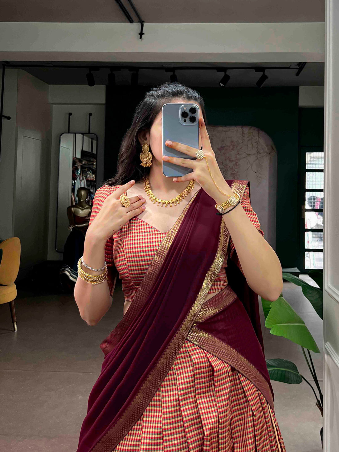 Maroon Pure Poly Dyeable with Zari Woven Border Work South Indian Lehenga Choli