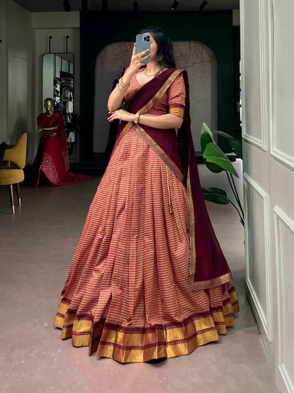 Maroon Pure Poly Dyeable with Zari Woven Border Work South Indian Lehenga Choli