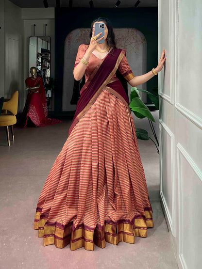 Maroon Pure Poly Dyeable with Zari Woven Border Work South Indian Lehenga Choli