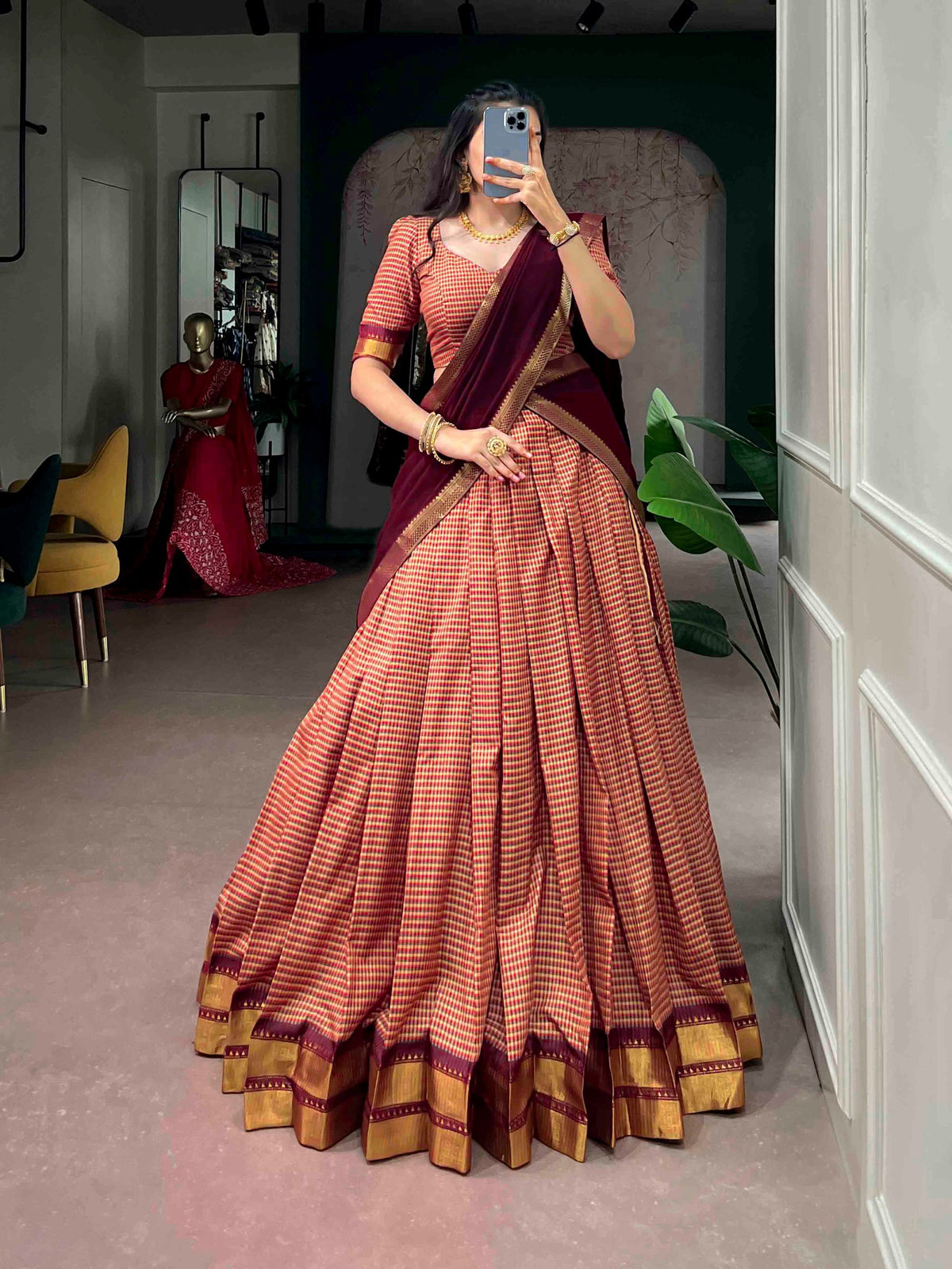 Maroon Pure Poly Dyeable with Zari Woven Border Work South Indian Lehenga Choli