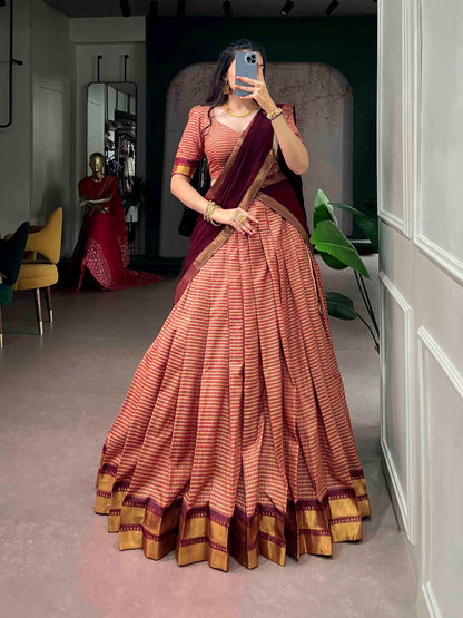 Maroon Pure Poly Dyeable with Zari Woven Border Work South Indian Lehenga Choli