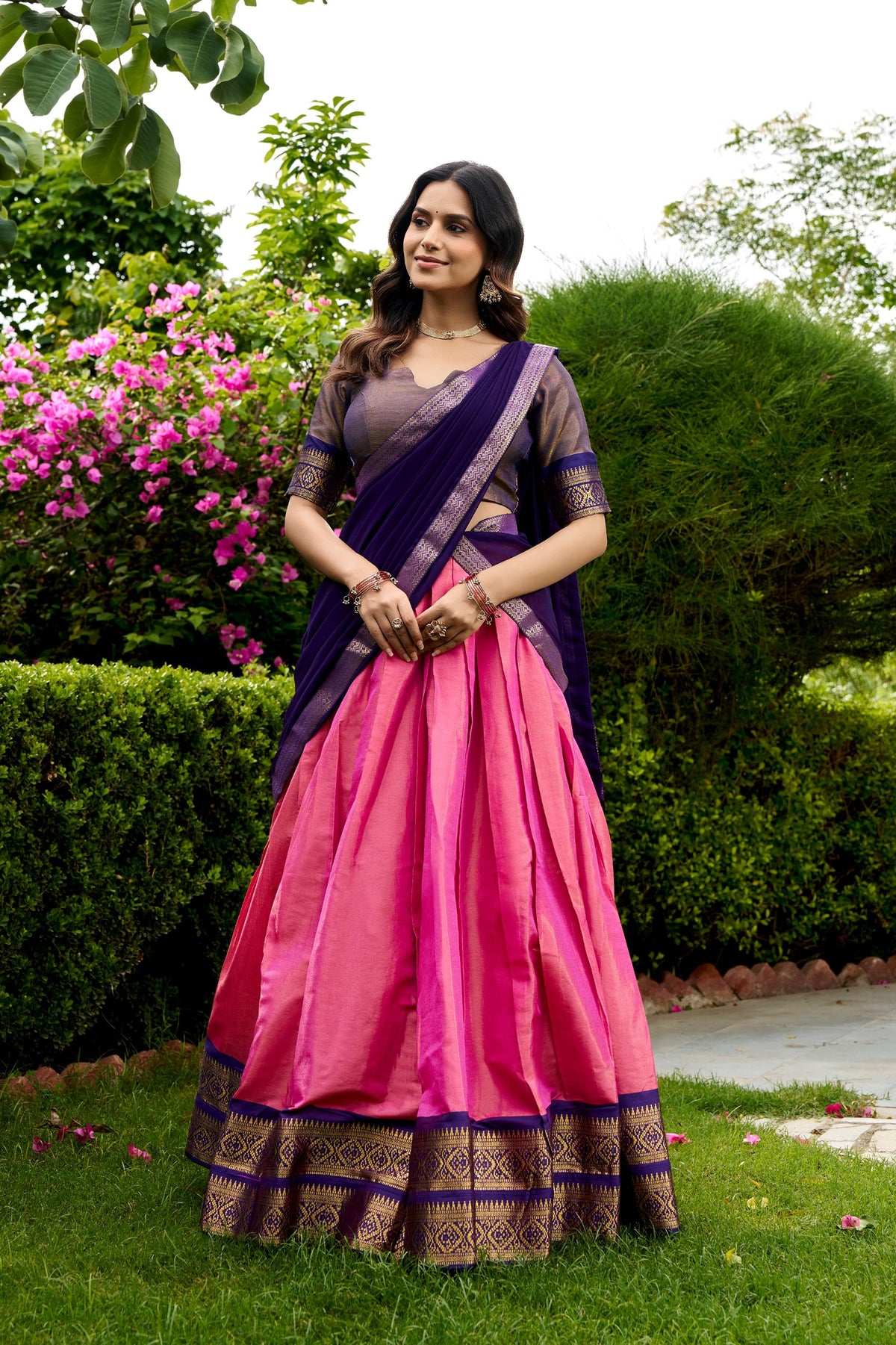 Pink Pure Kanchipuram Exquisite Zari Weaving Work South Indian Lehenga Choli