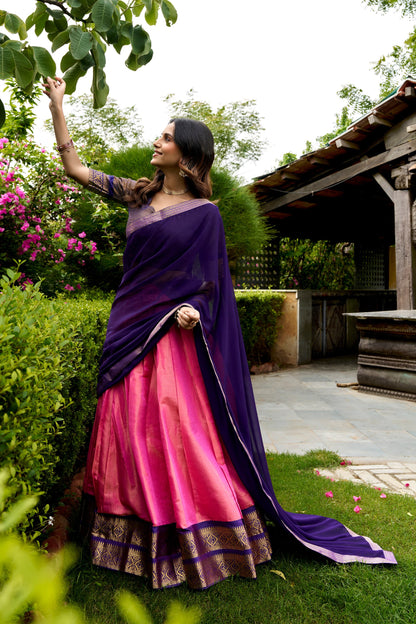 Pink Pure Kanchipuram Exquisite Zari Weaving Work South Indian Lehenga Choli