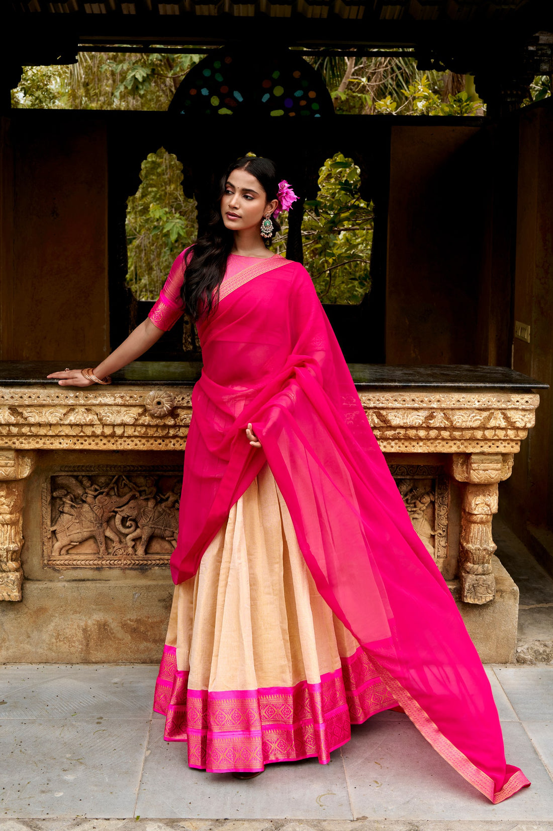 Off White Pure Kanchipuram Exquisite Zari Weaving Work South Indian Lehenga Choli