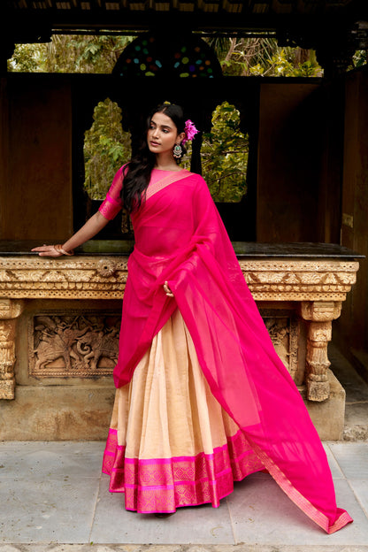 Off White Pure Kanchipuram Exquisite Zari Weaving Work South Indian Lehenga Choli