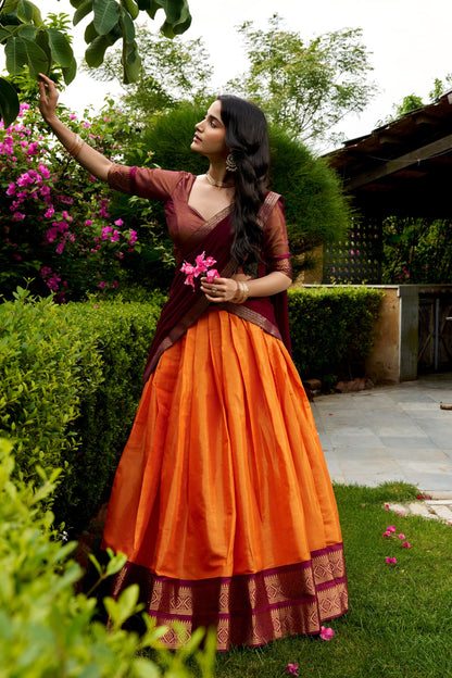 Orange Pure Kanchipuram Exquisite Zari Weaving Work South Indian Lehenga Choli