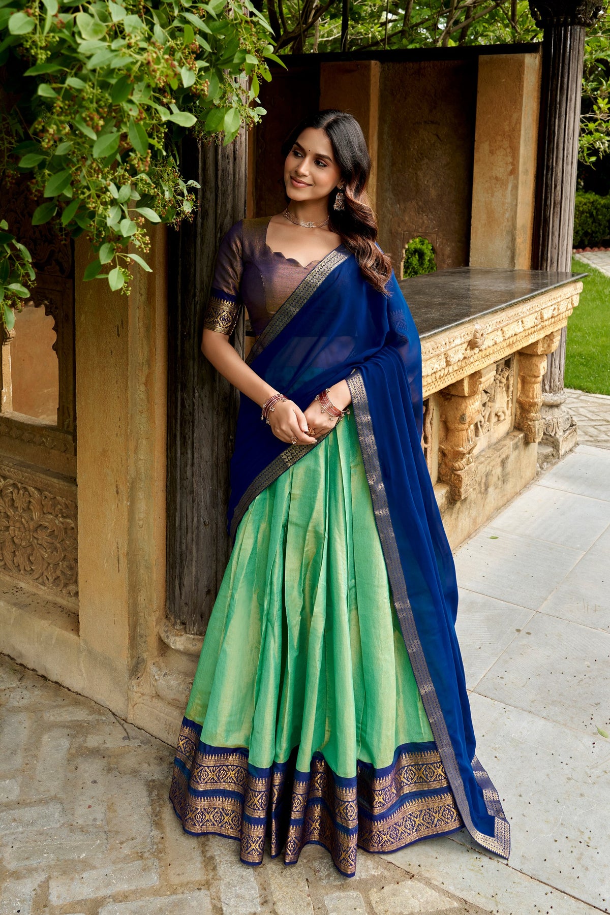 Sea Green Pure Kanchipuram Exquisite Zari Weaving Work South Indian Lehenga Choli
