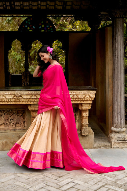 Off White Pure Kanchipuram Exquisite Zari Weaving Work South Indian Lehenga Choli