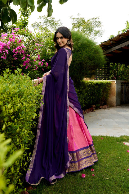 Pink Pure Kanchipuram Exquisite Zari Weaving Work South Indian Lehenga Choli