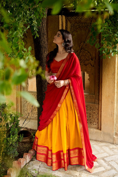 Red Pure Kanchipuram Exquisite Zari Weaving Work South Indian Lehenga Choli