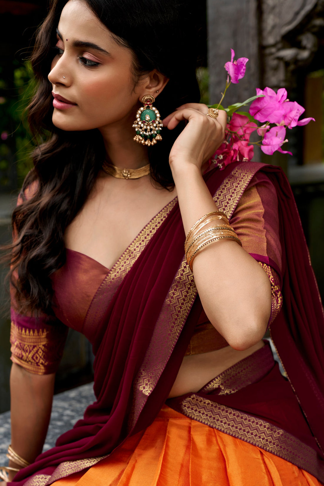 Orange Pure Kanchipuram Exquisite Zari Weaving Work South Indian Lehenga Choli