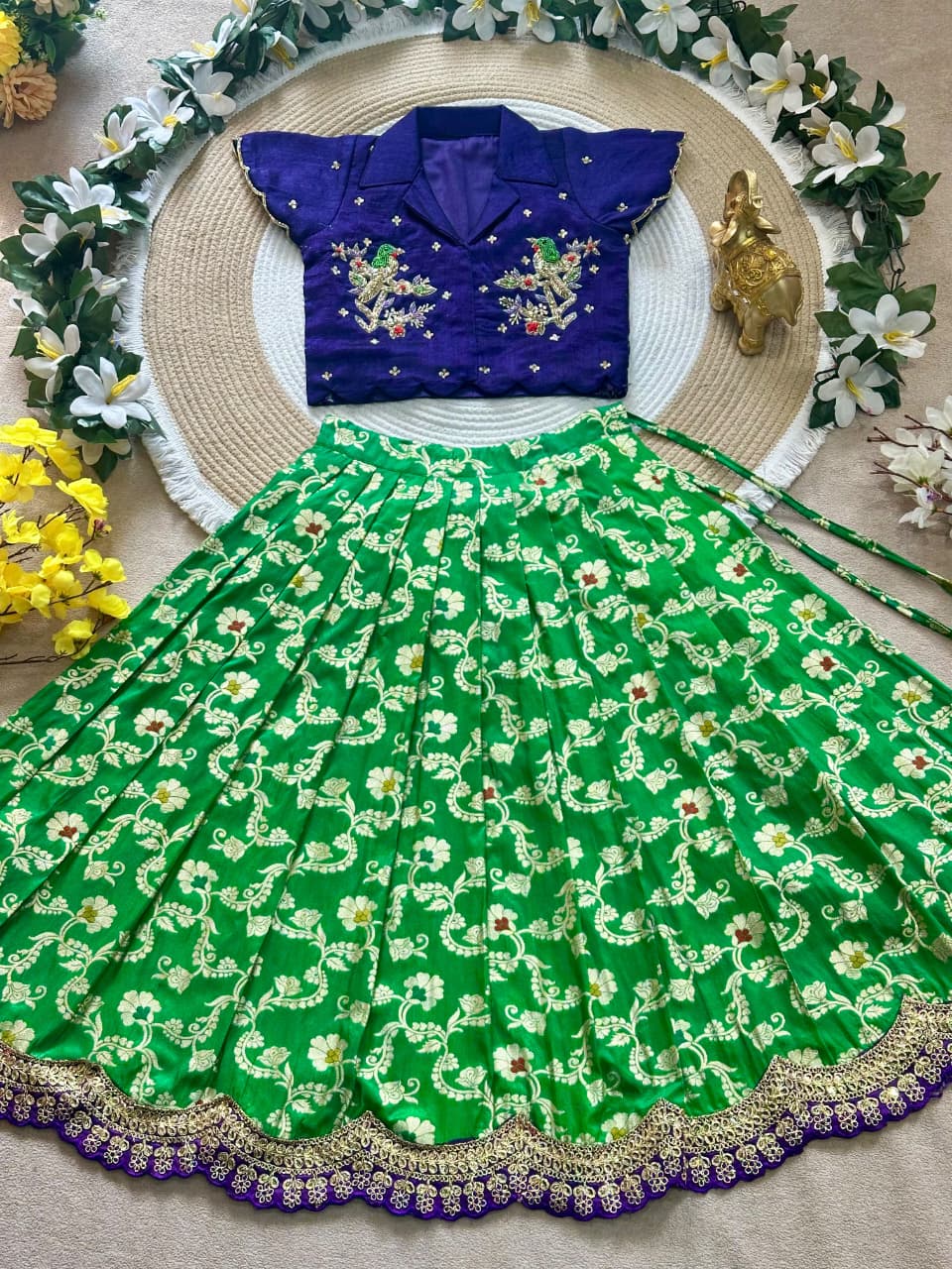 Parrot Pure Vichitra Silk Maggam Work Kid&