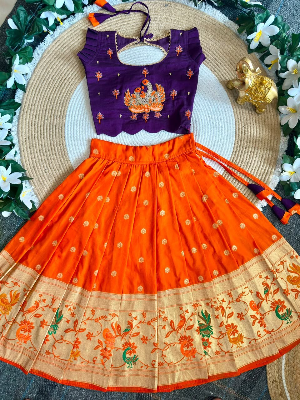Blue &amp; Orange Pure Rich Silk Maggam Work Kid&