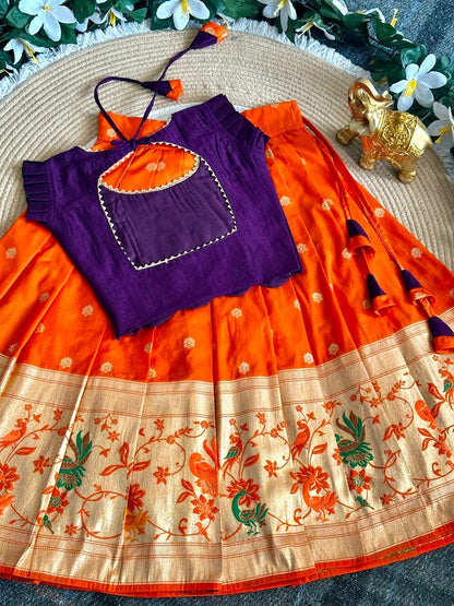 Blue &amp; Orange Pure Rich Silk Maggam Work Kid&