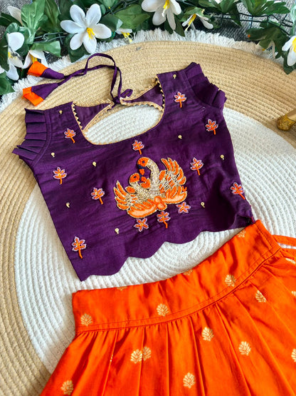 Blue &amp; Orange Pure Rich Silk Maggam Work Kid&