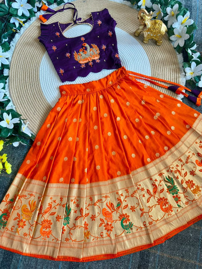 Blue &amp; Orange Pure Rich Silk Maggam Work Kid&