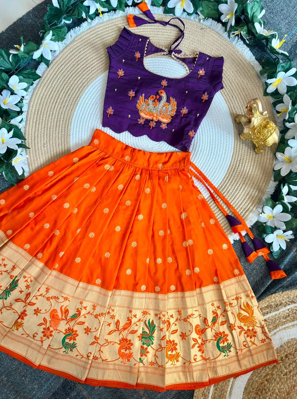 Blue &amp; Orange Pure Rich Silk Maggam Work Kid&