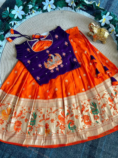 Blue &amp; Orange Pure Rich Silk Maggam Work Kid&
