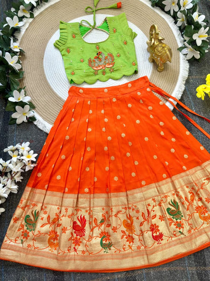 Parrot Orange Pure Rich Silk Maggam Work Kid&