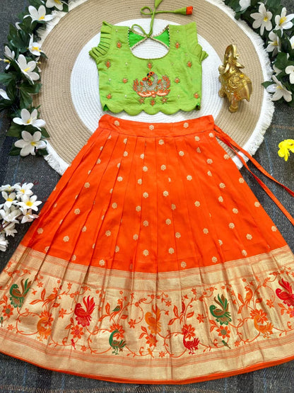 Parrot Orange Pure Rich Silk Maggam Work Kid&