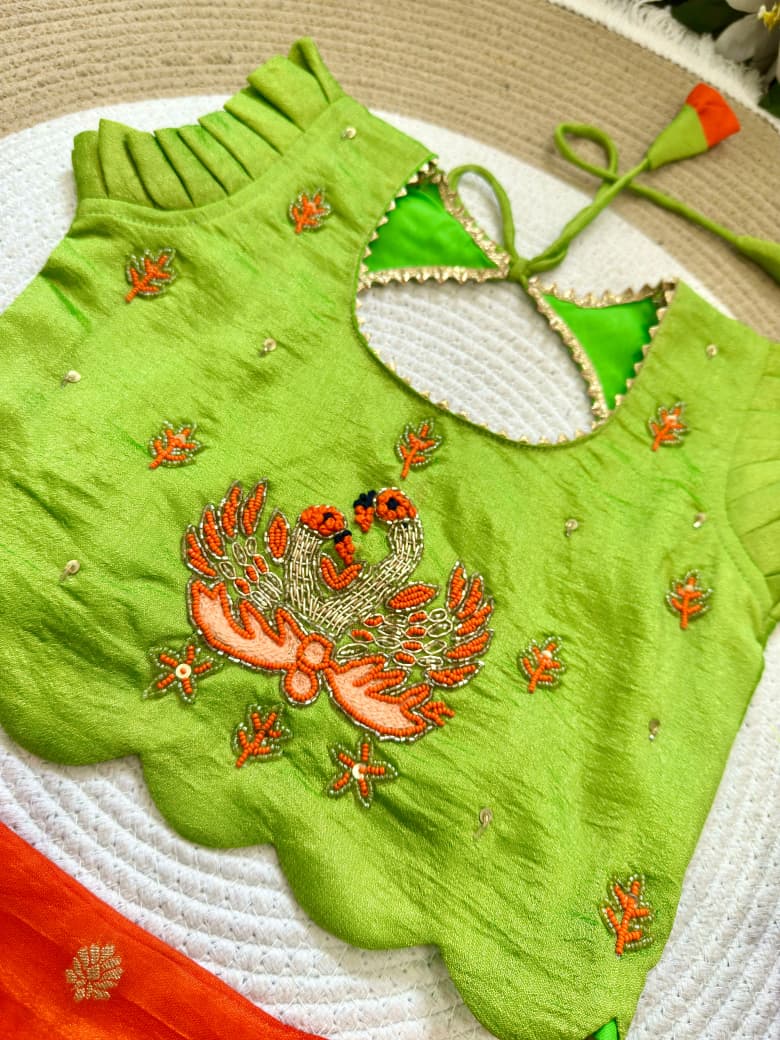 Parrot Orange Pure Rich Silk Maggam Work Kid&