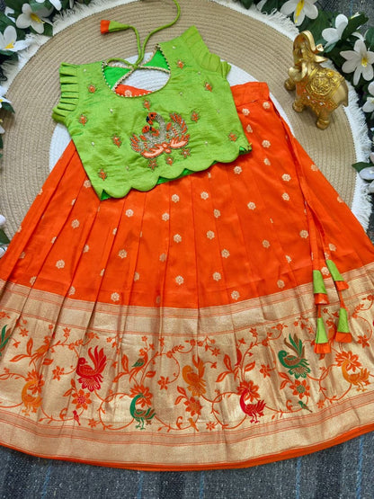 Parrot Orange Pure Rich Silk Maggam Work Kid&