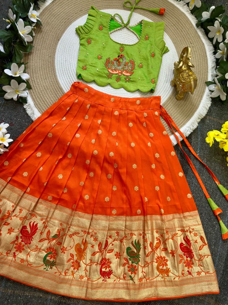 Parrot Orange Pure Rich Silk Maggam Work Kid&