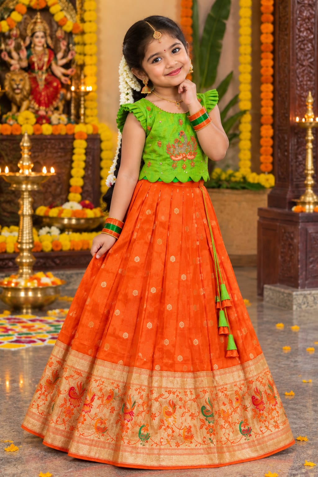 Parrot Orange Pure Rich Silk Maggam Work Kid&