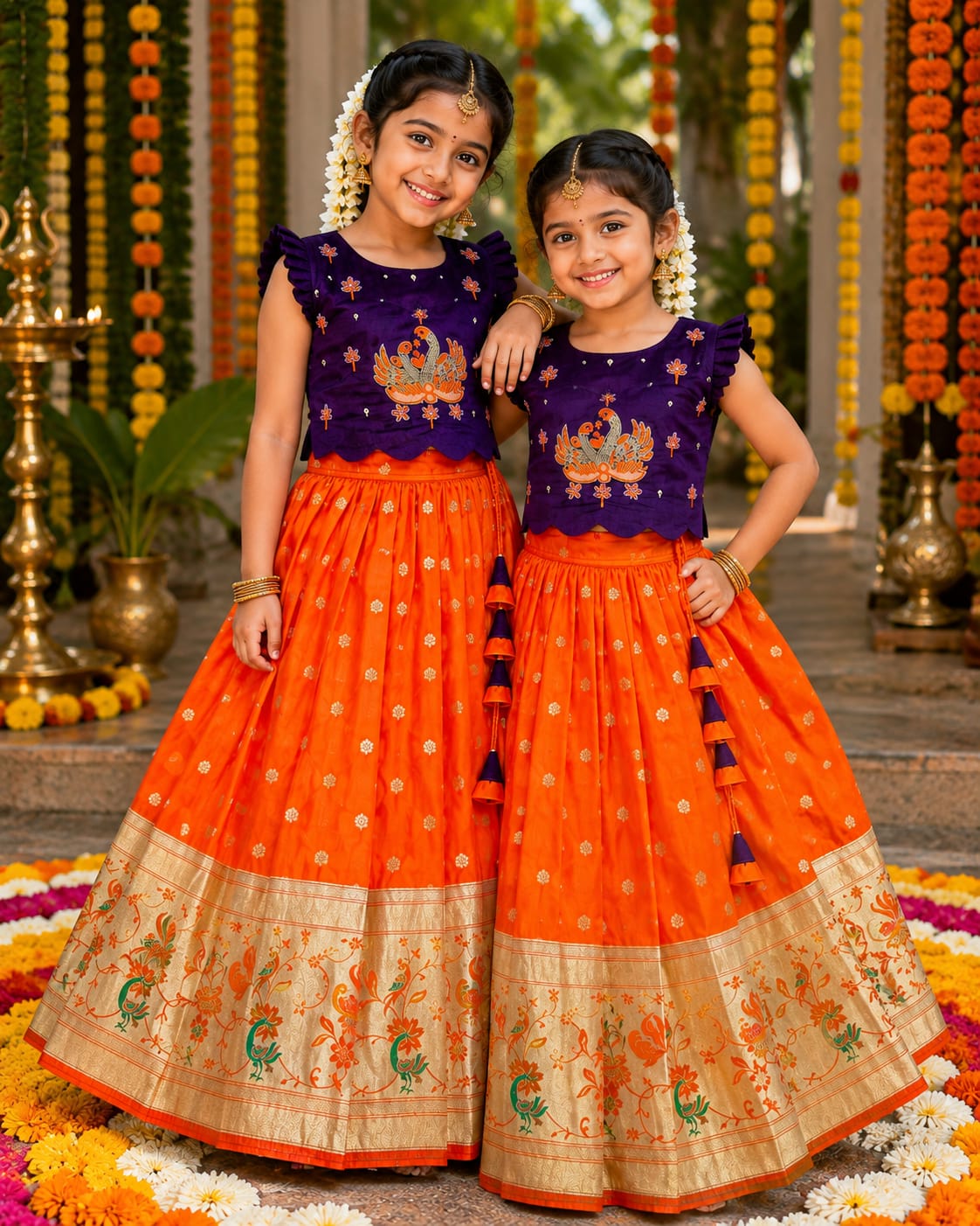 Blue &amp; Orange Pure Rich Silk Maggam Work Kid&