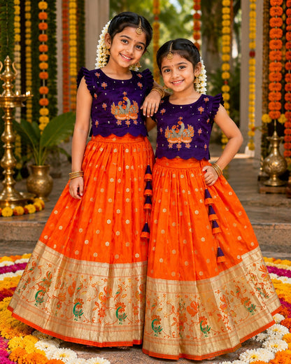 Blue &amp; Orange Pure Rich Silk Maggam Work Kid&
