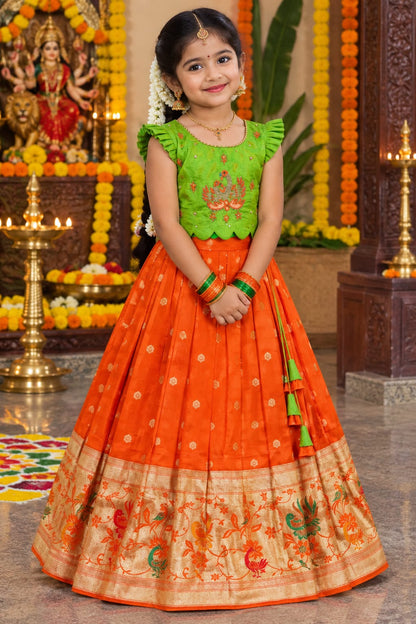 Parrot Orange Pure Rich Silk Maggam Work Kid&