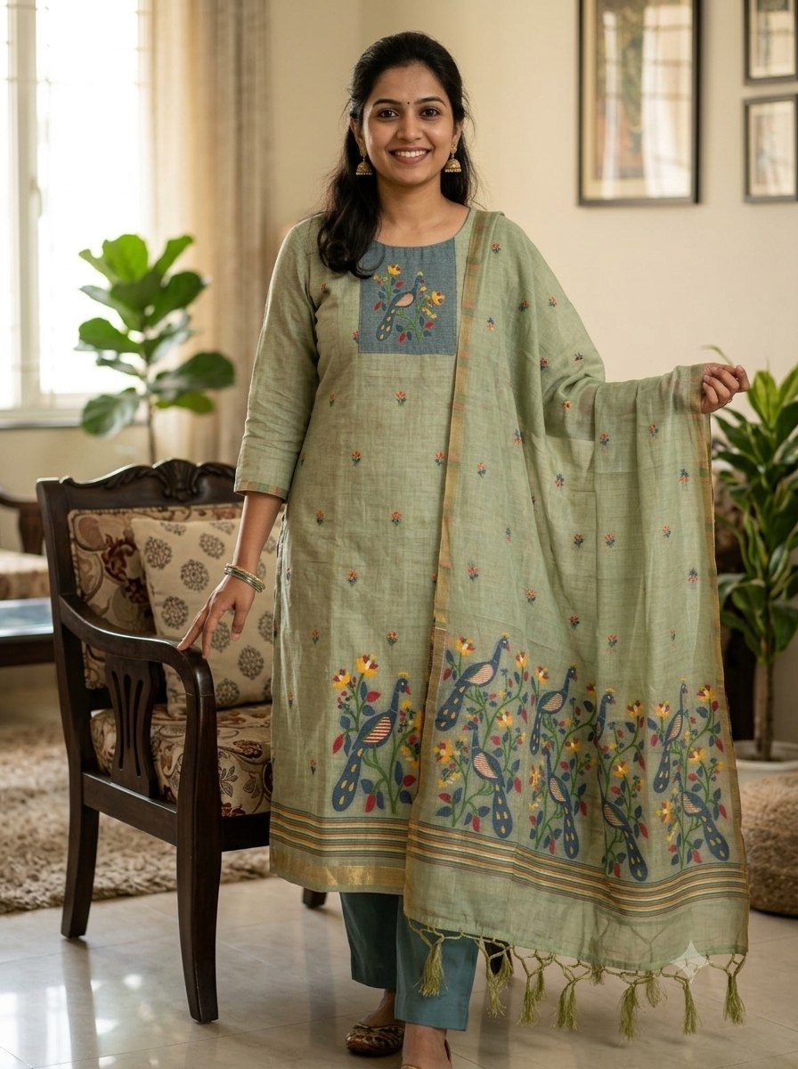 Green Pure Muga Cotton 3 PC Jamdani Lagdi Patta Weaving Salwar Suit