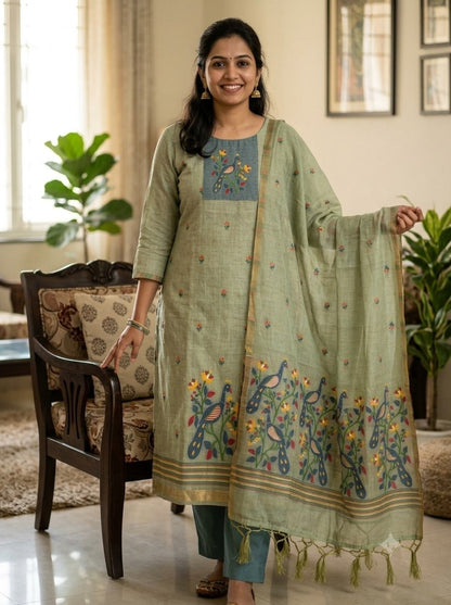 Green Pure Muga Cotton 3 PC Jamdani Lagdi Patta Weaving Salwar Suit