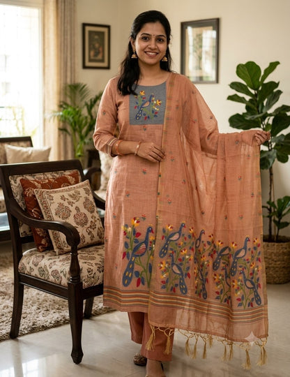 Peach Pure Muga Cotton 3 PC Jamdani Lagdi Patta Weaving Salwar Suit