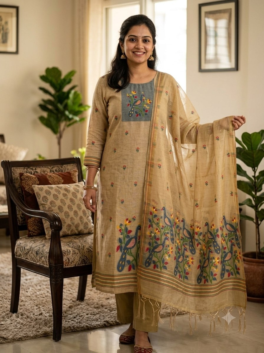 Cream Pure Muga Cotton 3 PC Jamdani Lagdi Patta Weaving Salwar Suit