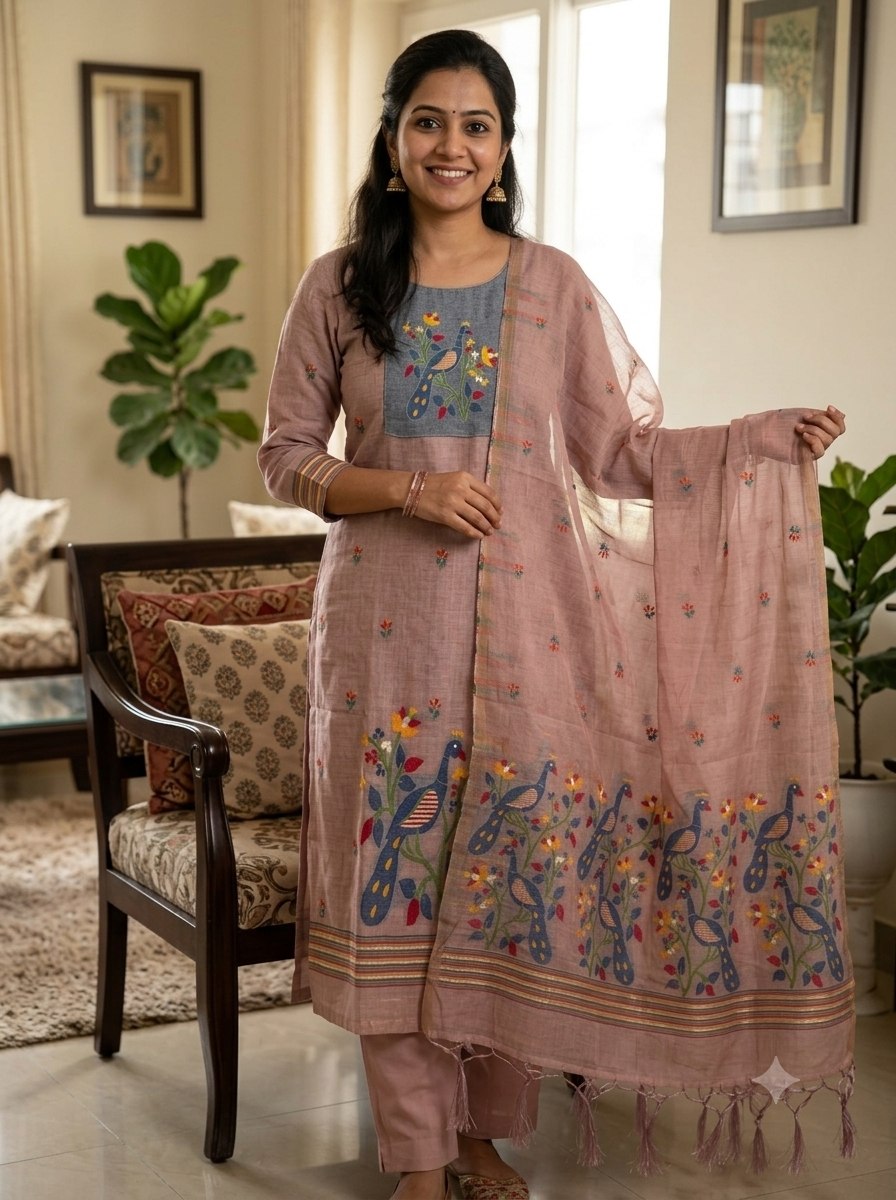 Taupe Pink Pure Muga Cotton 3 PC Jamdani Lagdi Patta Weaving Salwar Suit