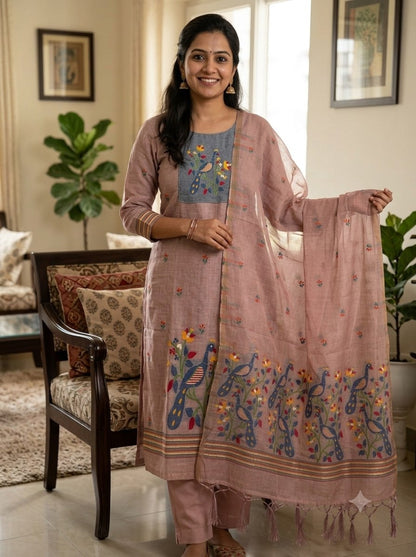 Taupe Pink Pure Muga Cotton 3 PC Jamdani Lagdi Patta Weaving Salwar Suit
