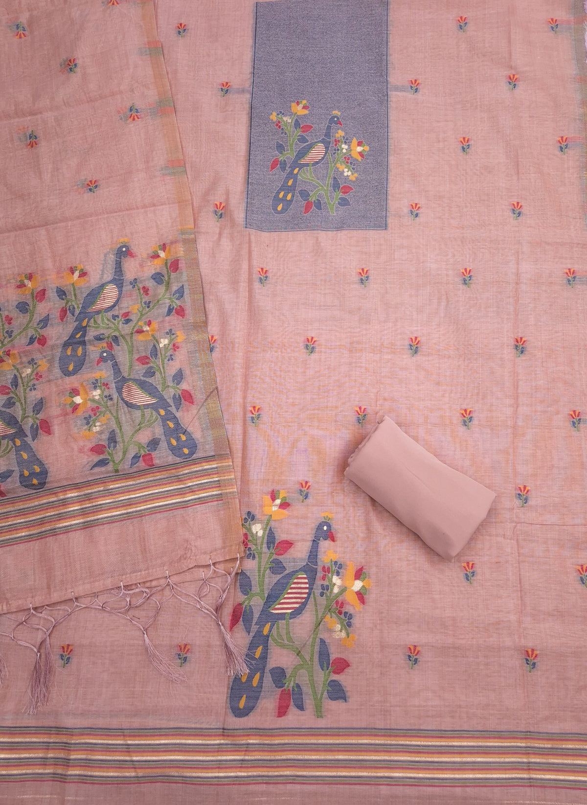 Taupe Pink Pure Muga Cotton 3 PC Jamdani Lagdi Patta Weaving Salwar Suit